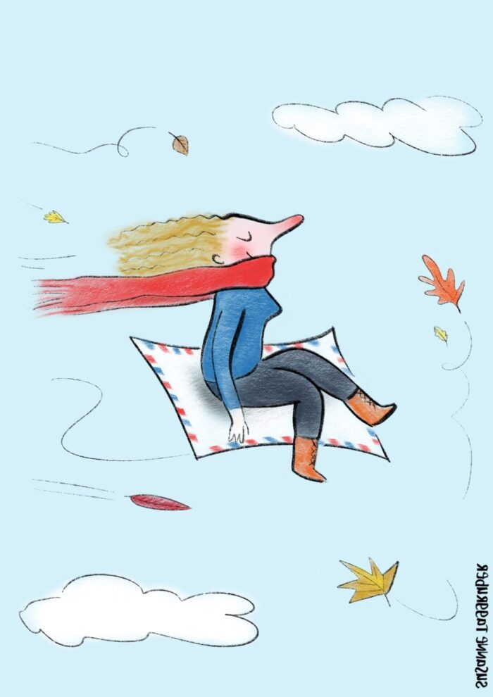 Zeichnung von Frau auf fliegendem Teppich 