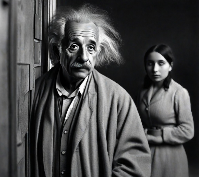 Einstein und junge Frau in S chwatz-weiss. Mit KI erstellt.